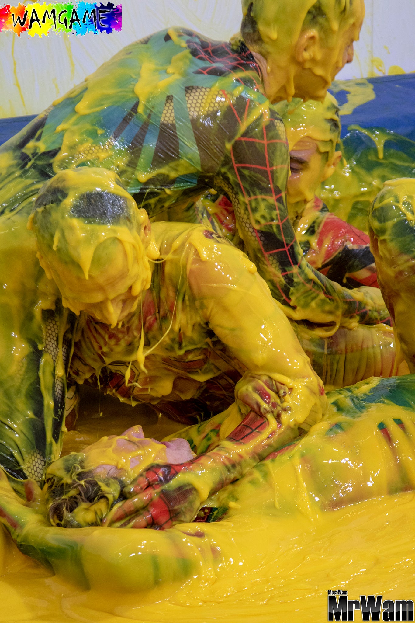 4 Guys Gunge Wrestle in Lycra Spidey Suits VIDEO